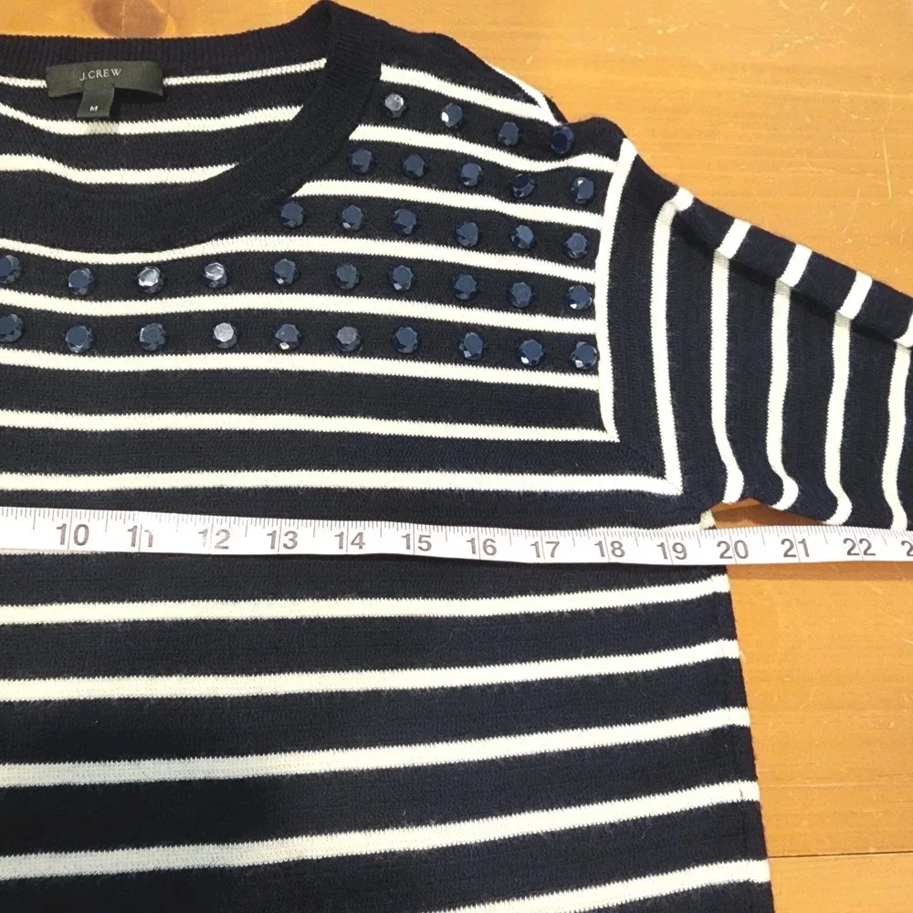 J.Crew Merino Wool Sweater Womens Medium Navy White Jewel Embellishment Preppy‎